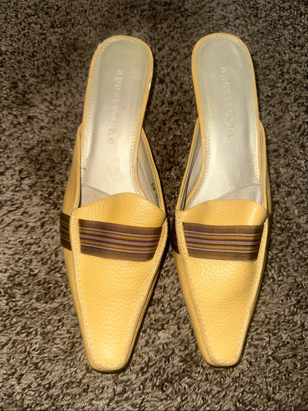 Apostrophe Yellow Leather Pointed Mule Slides with Brown Band